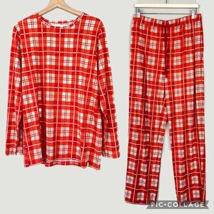 Women Bamboo Lounge Jersey Stretch Knit Long Sleeve Pajama Set Sz L Plaid Tartan